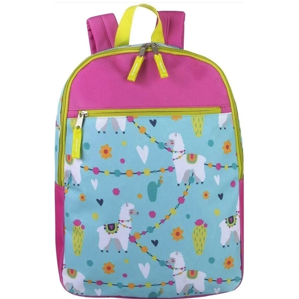 Trailmaker Girls' LLAMA Print Backpack Adjustable Padded Straps Pink Blue 17 in